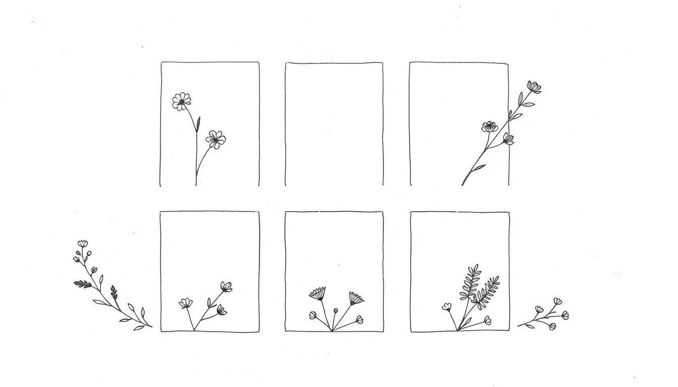 Main art studio: Grundlage: DinA5 Papier - Auf dem Din A 4 Papier befinden sich 6 schlichte Rahmen. Diese sind verfeinert mit gezeichenten Wildblumen in schwarz weiß, 