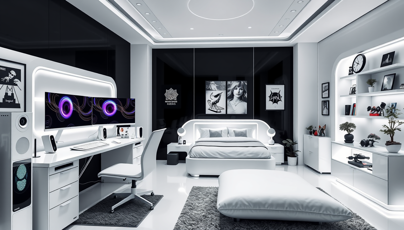 Main art studio: Photorealistic square 10×10 ft black-and-white futuristic dream room matching the last design. White standing desk, 40" curved + vertical monitors, wh
