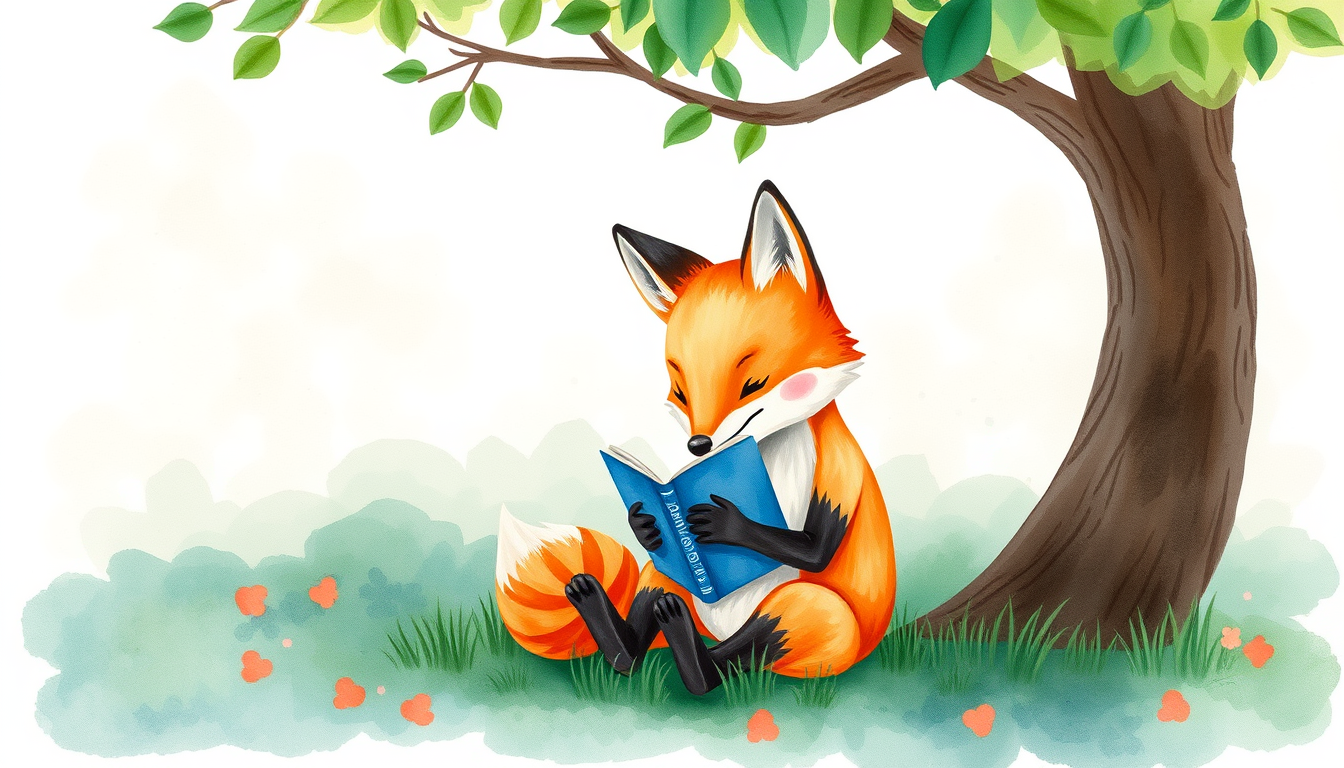 Main art studio: a watercolor fox reading a book under a tree