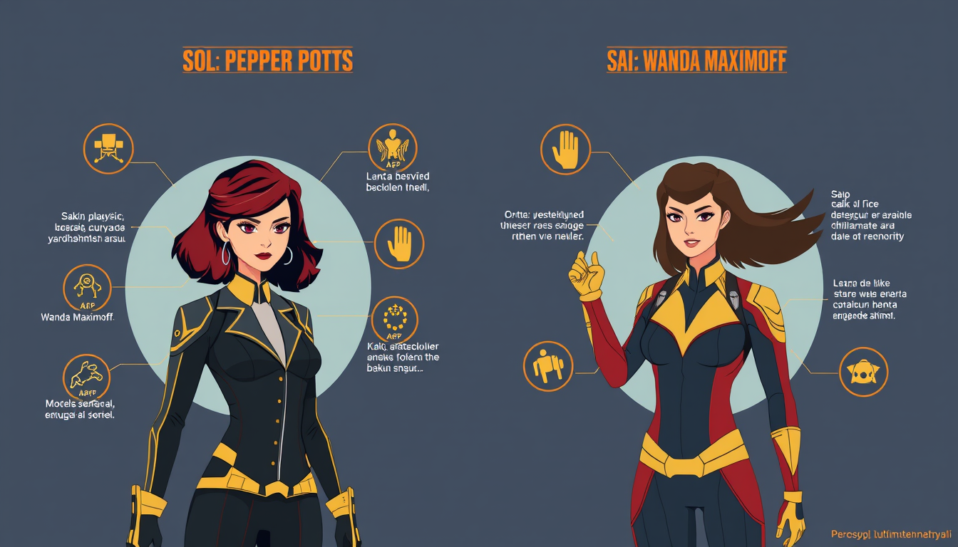 Main art studio: Yatay 4:3 eğitim infografiği, yazısız tek görsel. Sol: Pepper Potts; sakin, destekleyici, koruyucu, arka planda yardım eden figür. Kalp, destek eli ve