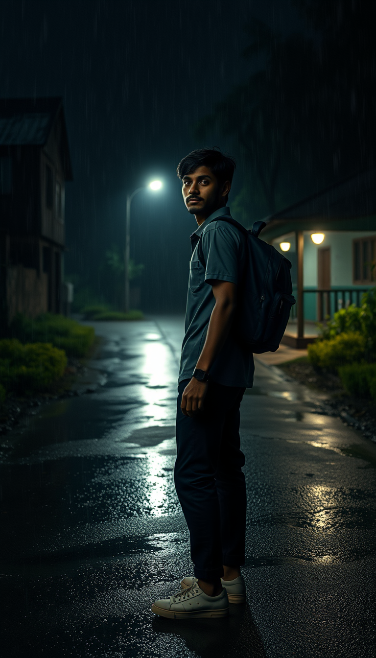 Main art studio: A cinematic realistic night scene of the same 23-year-old Sri Lankan man Kavindu from the reference image, standing outside an old isolated Sri Lankan