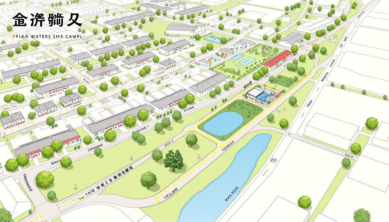 AI Art prompt example created from the prompt: | +---------------------------------------------------+ | [🧱🧱] Townhouses (🌳🌳) Eco-Wetland Park | | (Orange pencil) (Green pencil wash) 