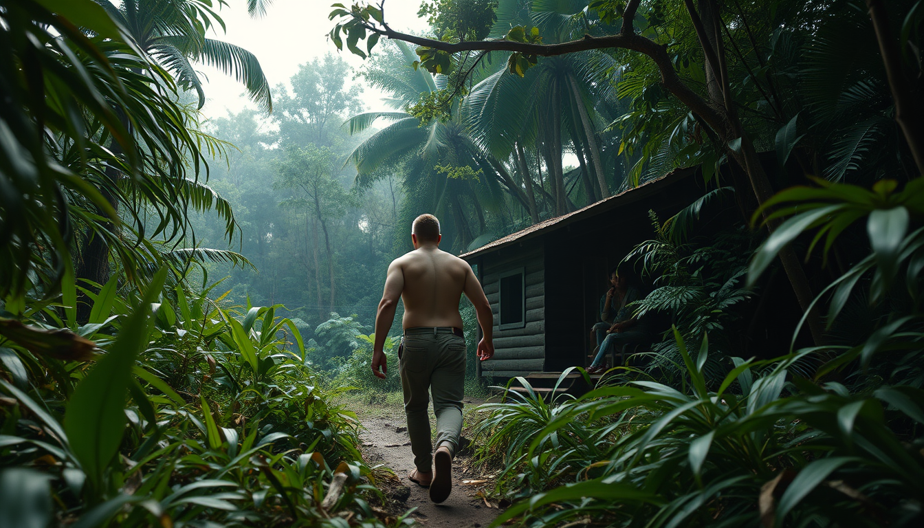Main art studio: The man slowly walks forward through the jungle while carefully looking around for the perfect place to build a survival cabin. His body movements are