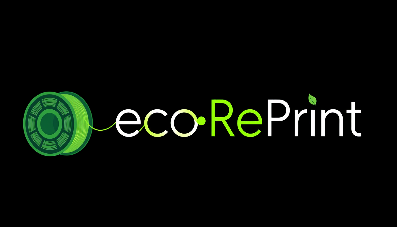 Main art studio: Create a simple professional logo for ecoRePrint on a black background. A small green filament spool sits on the left, with ONE thin bright-green fila