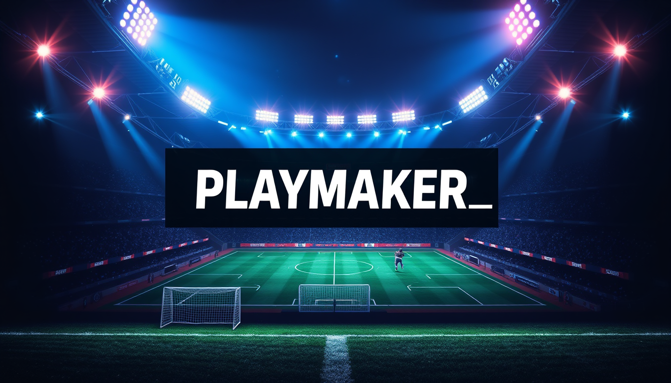 Main art studio: Create a square esports profile picture for an eFootball content creator. Make “PLAYMAKER_” extremely large, bold, sharp and clearly readable in the c