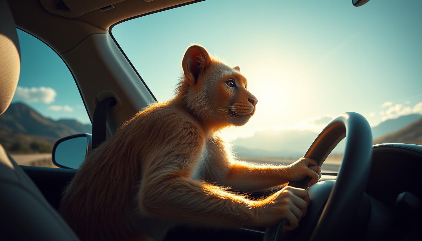 Main art studio: Un singe qui conduit une voiture