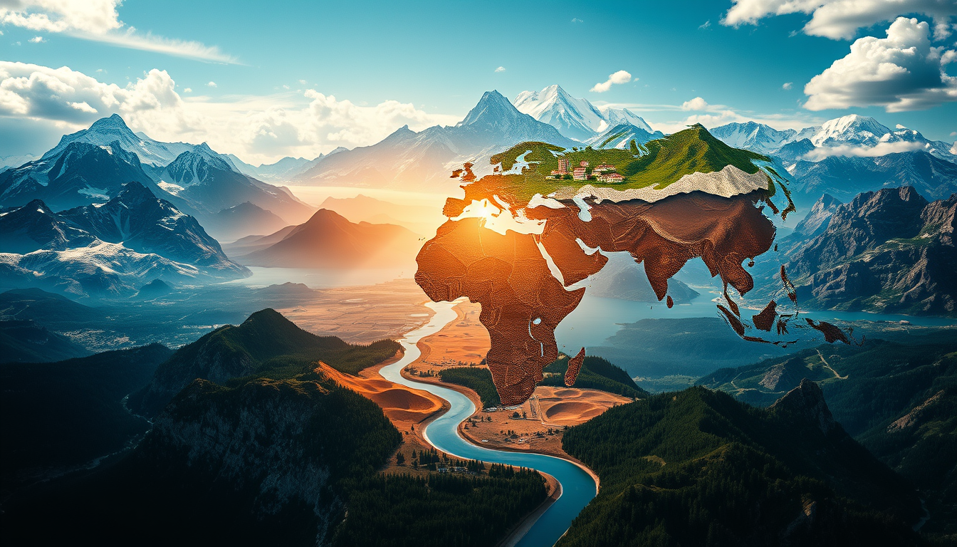 Main art studio: A powerful cinematic world-map composition showing famous landscapes from different parts of the planet: mountains, oceans, cities, deserts and forest