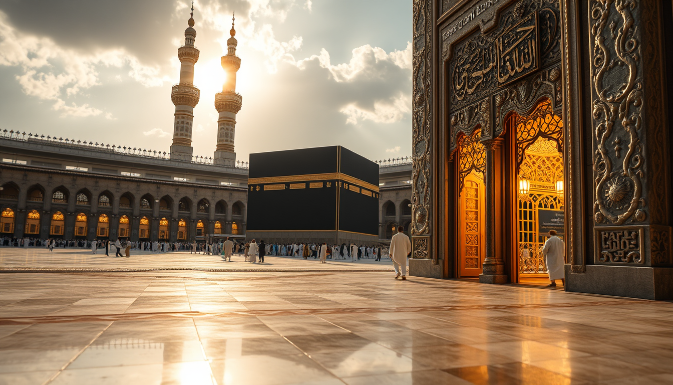 Realistic AI Image idea created from the prompt: photorealistic generated image, natural materials and skin texture, physically plausible lighting, Purane Makkah ka door se manzar, pathrile