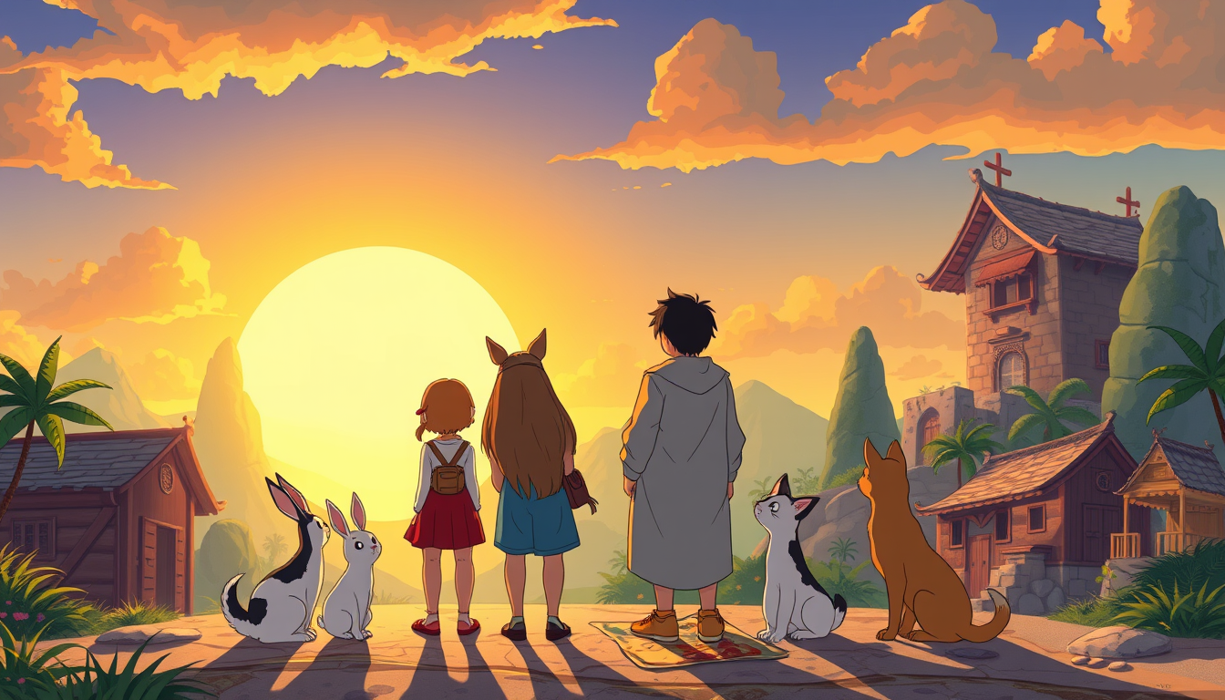 Main art studio: mesmerizing studio ghibli illustration that sunset city oasis, a group of diverse friends standing together facing fear of the unknown, thye use an an