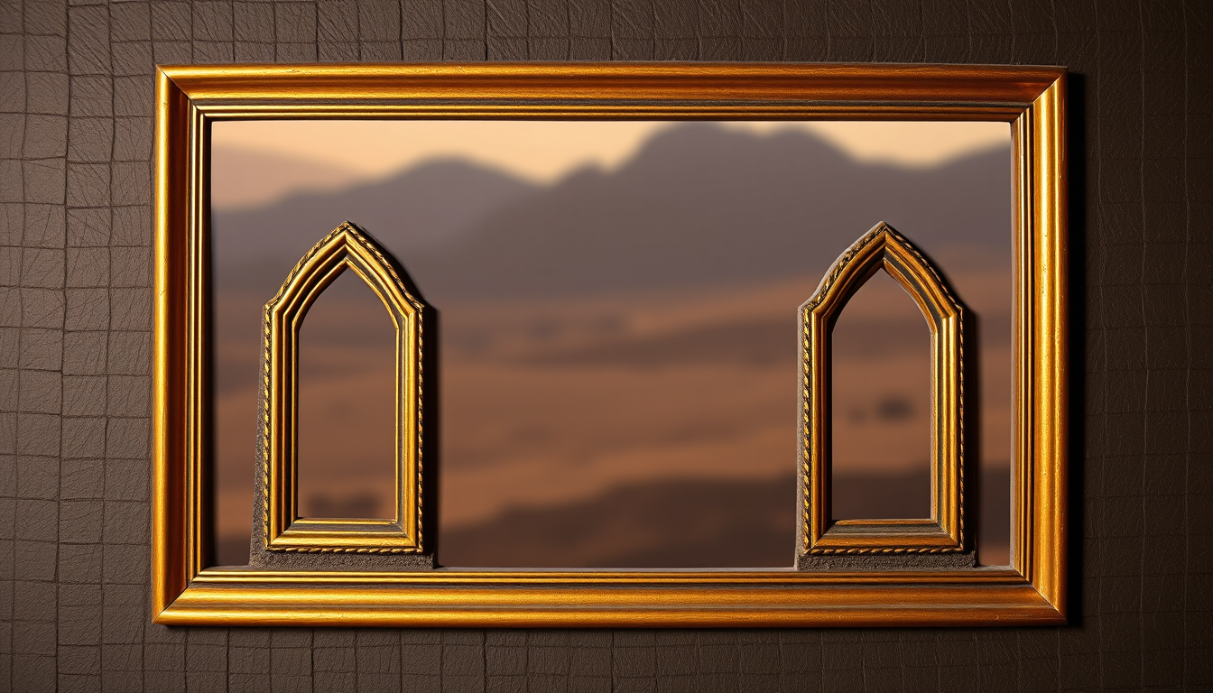 Main art studio: Golden frame with thin line double golden framed image of lalibela windows as a back ground of afro aygeba cross