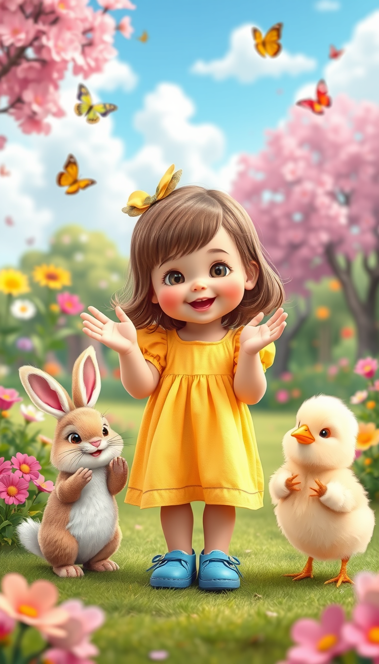 Main art studio: A cute little girl with brown hair in a yellow dress and blue shoes stands in a colorful park, smiling at the camera. She is surrounded by flowers, bu