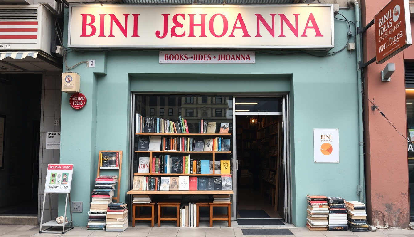 Main art studio: make a poster like its human made and not AI made. our friemd jhoanna is opening a book shop a small one. the name is BINI JHOANNA -Books and Ideas NI