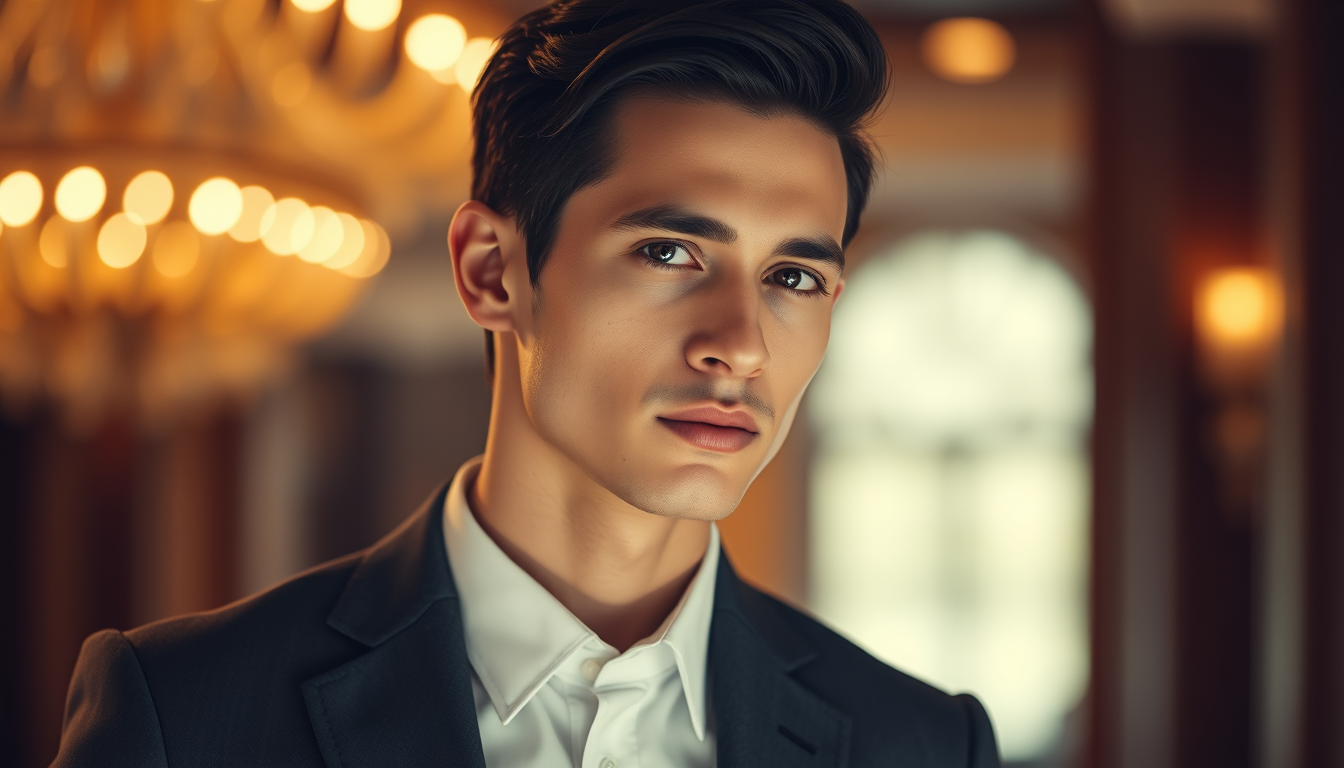 Main art studio: A luxury cinematic portrait of a handsome young man in a dark gray suit, golden lights, realistic photography, vertical 9:16 composition.
