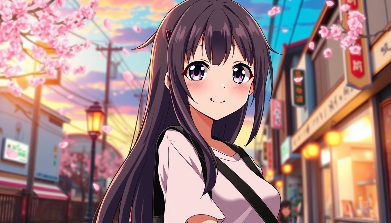 Random Anime idea: random anime scene, varied subject, anime style, vibrant colors, A 16-year-old anime girl with long dark hair and bright expressive eyes, wearing a st