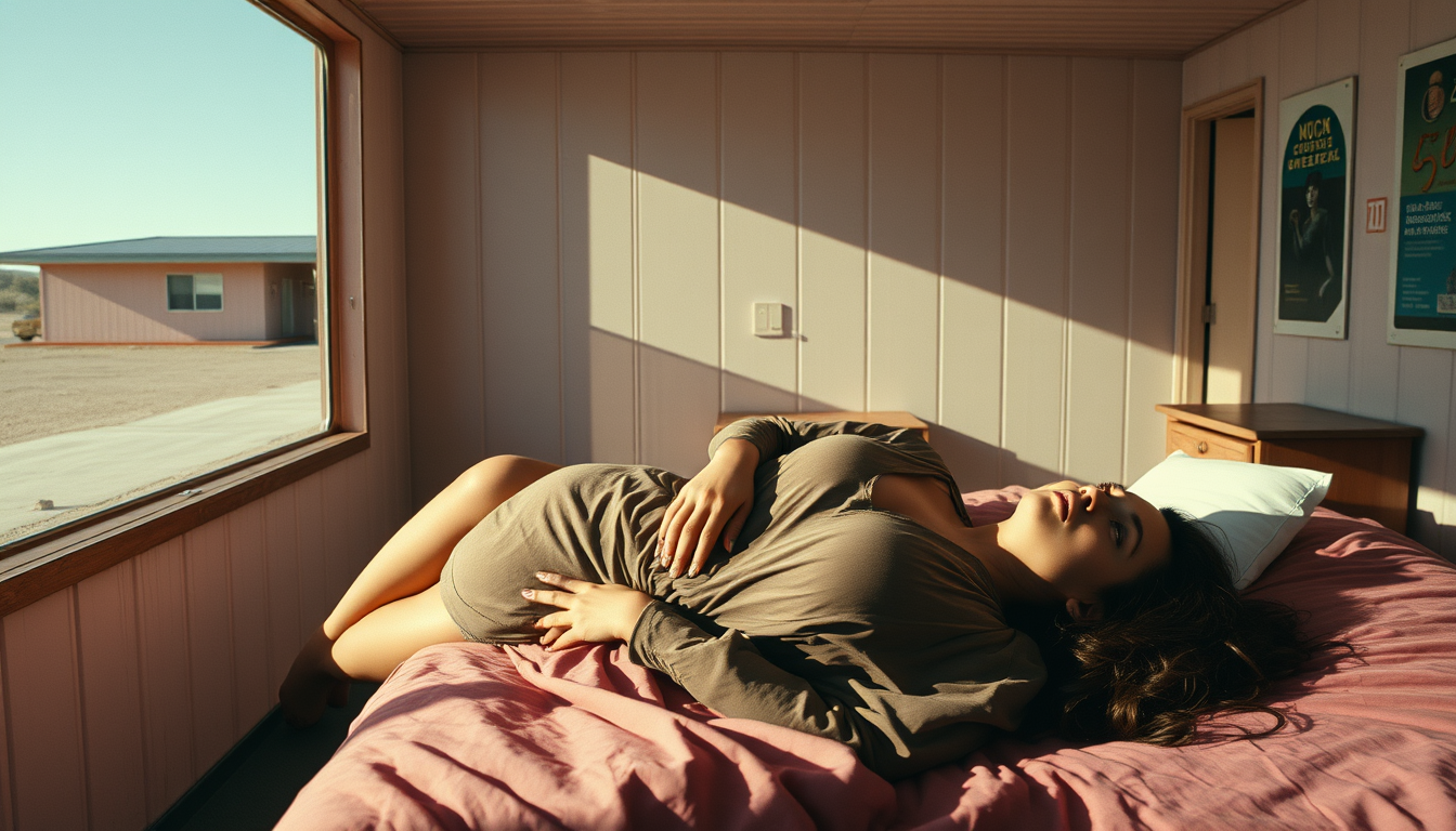 Realistic Images idea: photorealistic generated image, natural materials and skin texture, physically plausible lighting, A quiet desert motel at noon, faded paint, hard sha