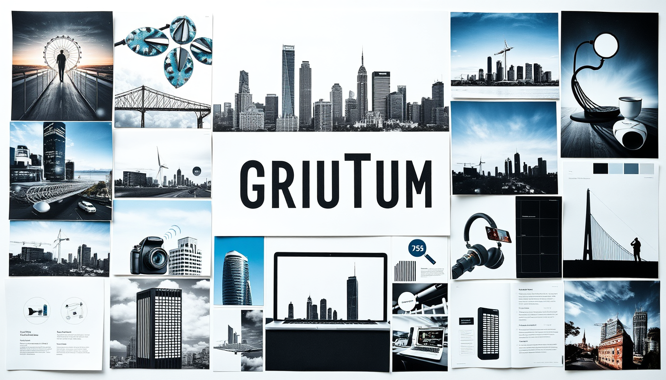 Vision Board idea: vision board collage, aspirational images, organized mood board layout, magazine cutout style, ein Startup-Gründer-Vision-Board mit Laptop, Stadtsilho