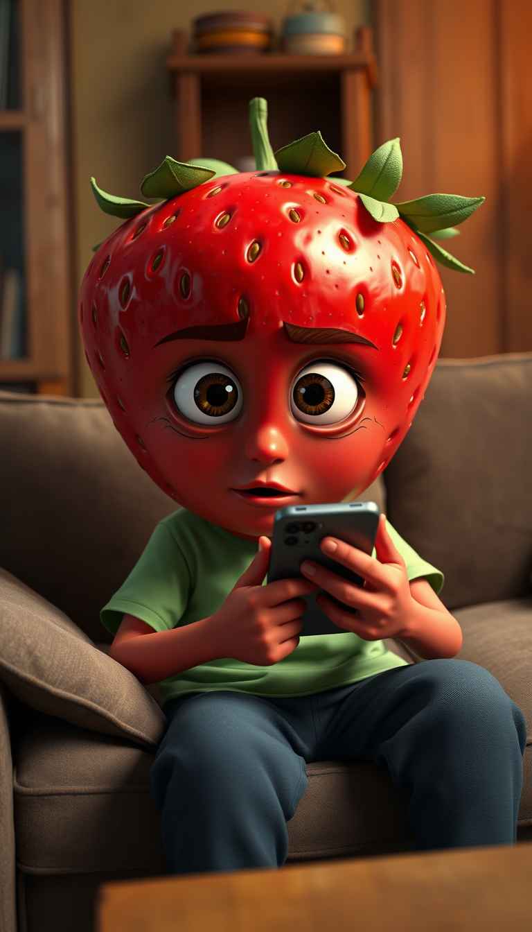 Main art studio: The exact same anthropomorphic strawberry character as the previous image, identical large red strawberry head, tiny seeds, green leafy crown, huge br