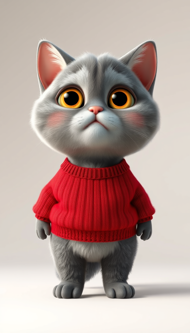 Main art studio: A cute chubby gray British Shorthair cat standing like a human, wearing a simple red sweater, round cheeks, big expressive amber eyes, plush gray fur,