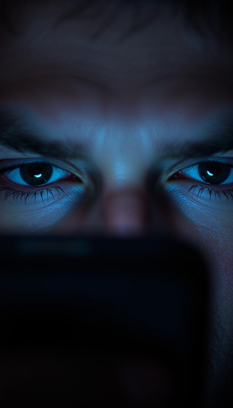 Main art studio: Close-up of eyes staring at smartphone in darkness, blue light reflection in eyes, tired and slightly red eyes, dramatic shadows, cinematic style, ult