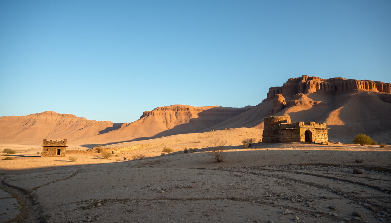 Main art studio: The shadow of a tall ancient sandstone fort stretching across the ground toward a small stone hermitage near the Aravalli hills, late afternoon sunlig