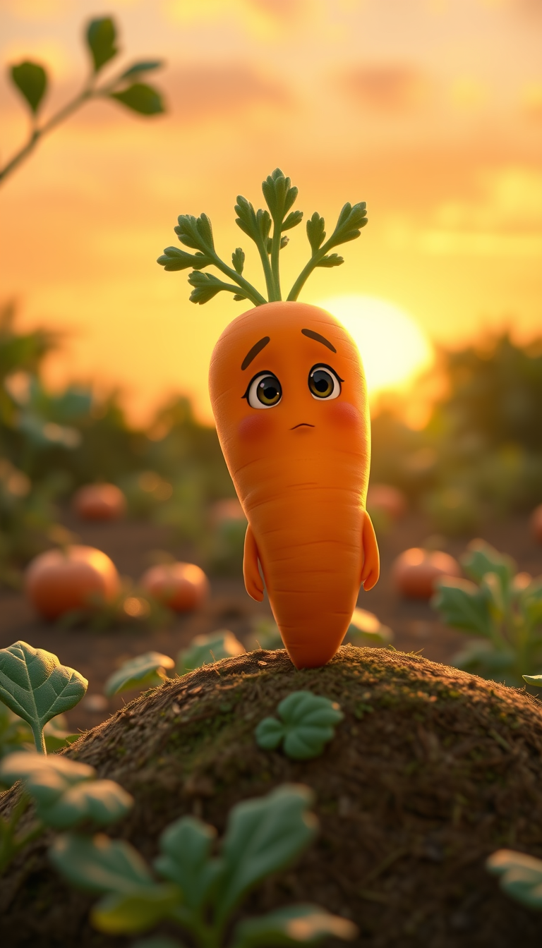 Main art studio: Cute small orange carrot Gaju standing on a small hill inside the vegetable garden, looking at the sunset with hopeful expressive eyes, green leaves m