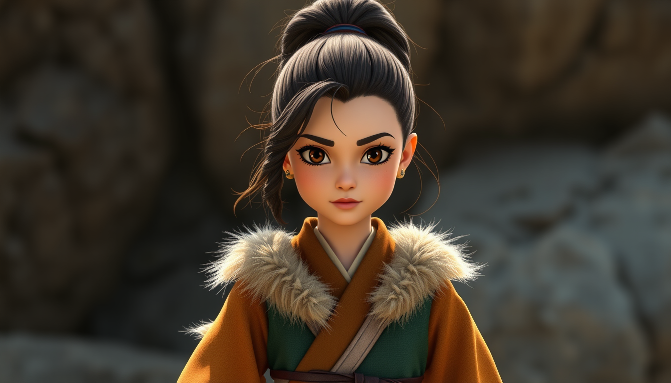 Main art studio: Can you generate an image of a 10-year-old girl from *Avatar: The Last Airbender* wearing a Southern Water Tribe outfit, with messy curls tied up in a
