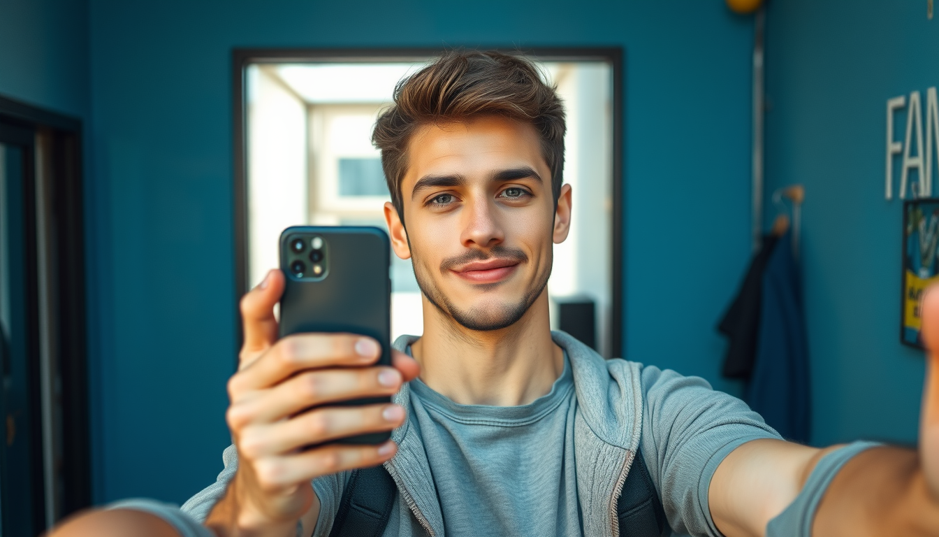 Realistic Images idea: photorealistic generated image, natural materials and skin texture, physically plausible lighting, Photorealistic selfie of a young adult man, casual