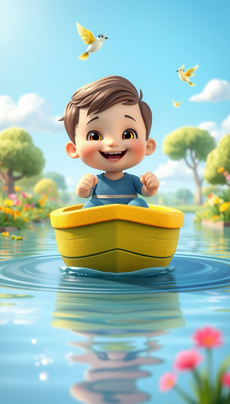 Main art studio: A cute, cheerful young child sitting safely inside a small colorful wooden boat, gently floating along a calm, sparkling river. The child smiles happi