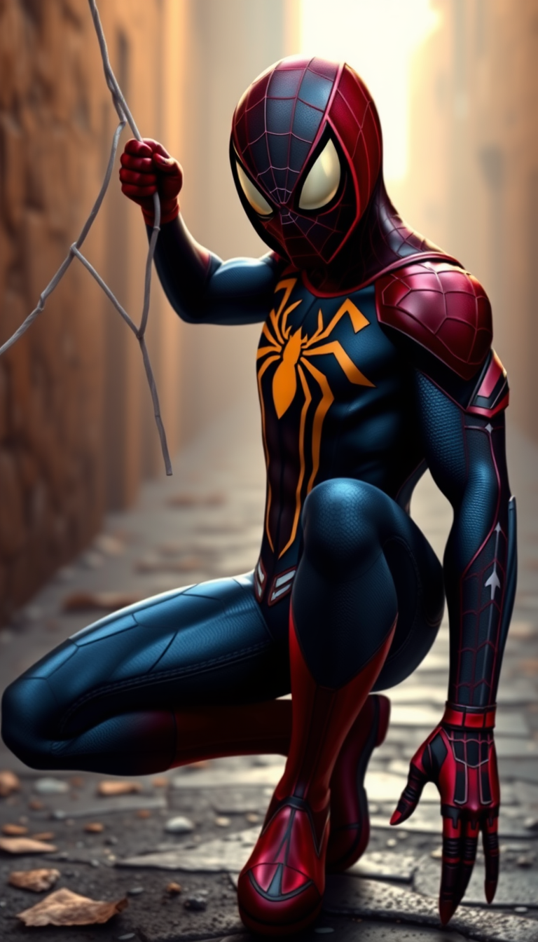 Main art studio: na calçada da rua de dia o Homem aranha com a cabeca da Supermulher nas mãos