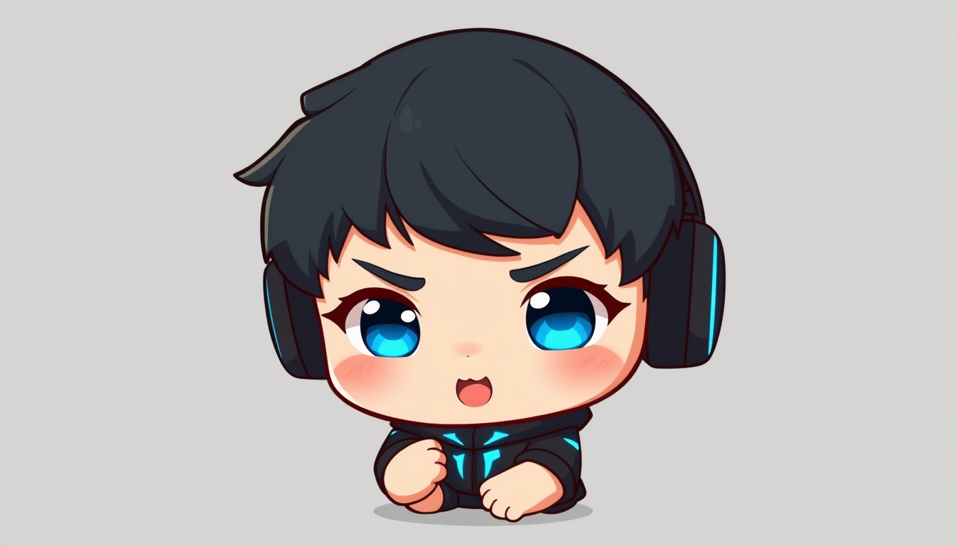 Chibi idea: chibi character, cute oversized head, small body, soft cel shading, Un chico chibi gamer robusto y simpático, cabello oscuro desordenado, barba corta,