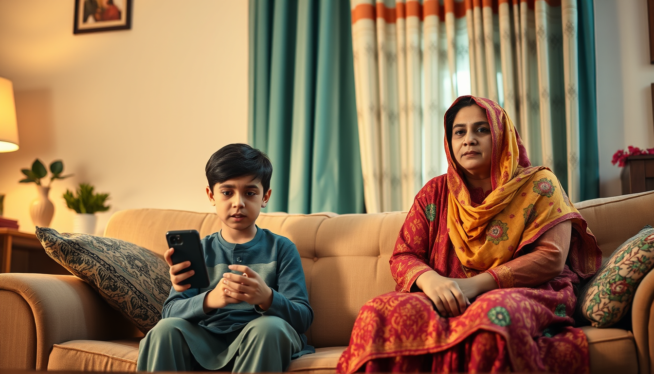 Main art studio: A funny realistic Pakistani family living room, a 12-year-old Pakistani boy sitting on a sofa holding a smartphone and looking frustrated because the