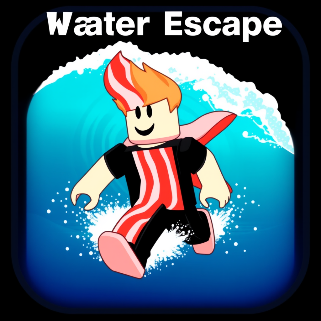 Main art studio: It's a icon for a Roblox game it has to be water themed with a text in the top that says water escape with a bacon avatar with a black t-shirt and bla