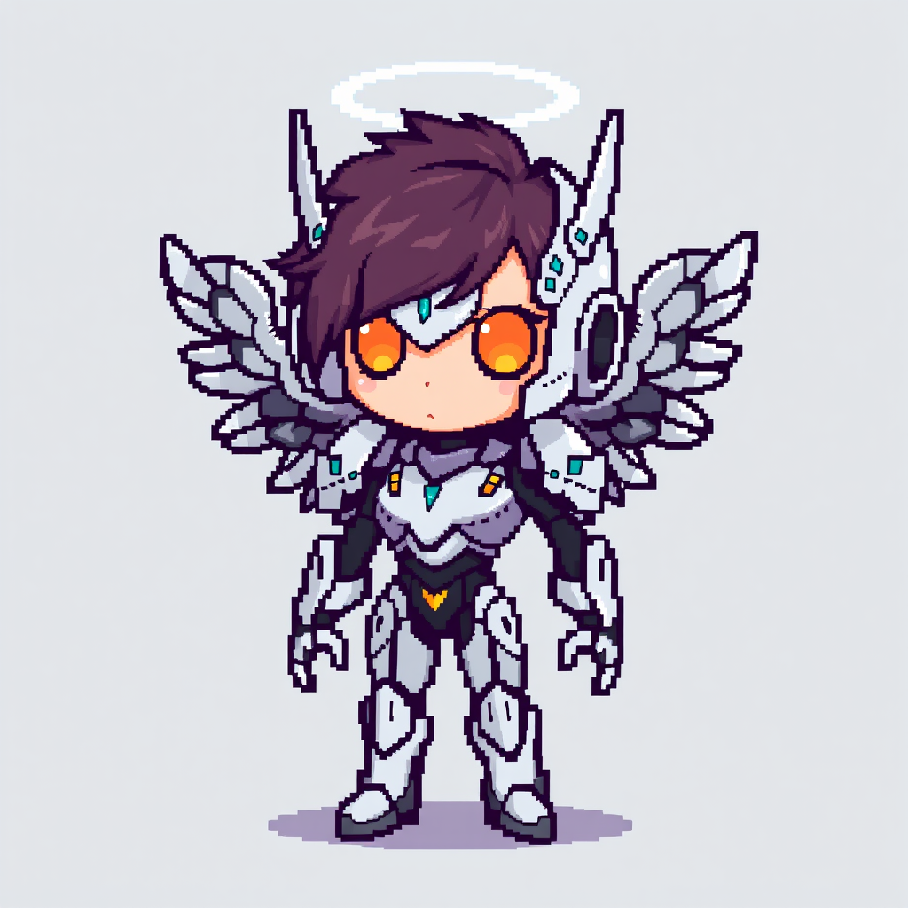 Main art studio: pixel art character, chibi style, no background, angelic cyborg