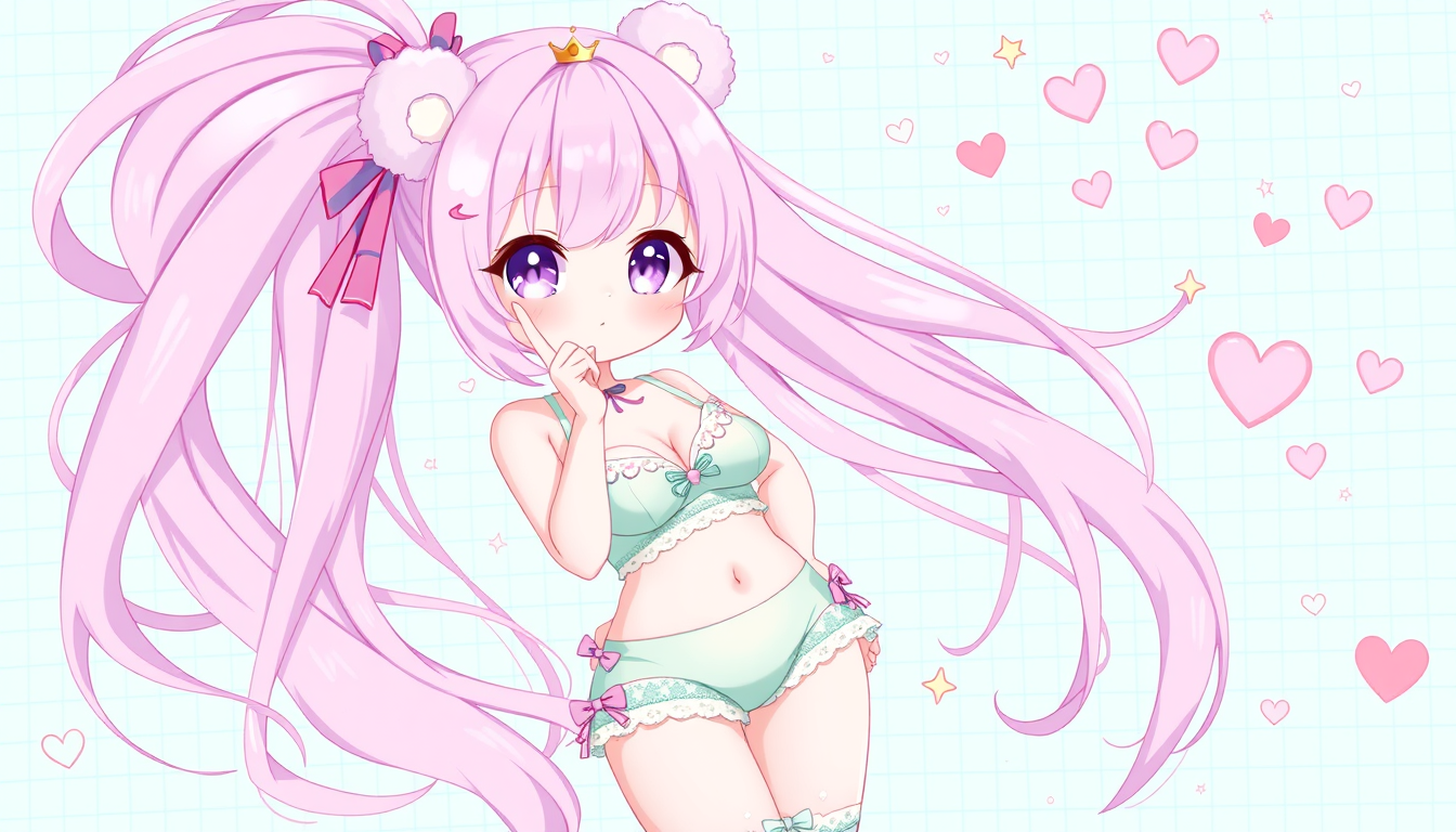Main art studio: Pastel kawaii anime girl with extremely long cotton-candy pink hair, high side ponytail, sparkling lavender eyes, rosy cheeks, fluffy bear-ear accesso