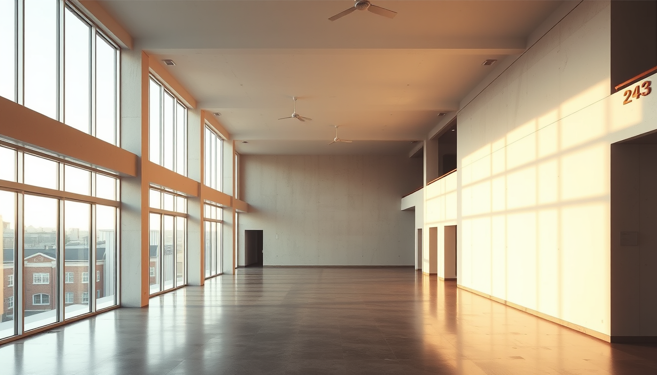 Main art studio: photograph of an empty Bauhaus interior at golden hour