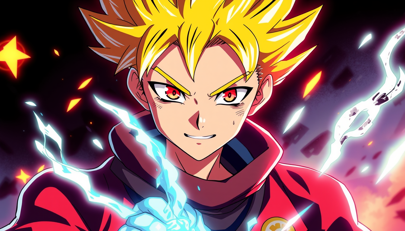 Anime idea: anime style, vibrant colors, expressive eyes, Un personaggio simile a bakugo ma non troppo con poteri di fuoco e biondo ma deve sembrare un po' oscuro