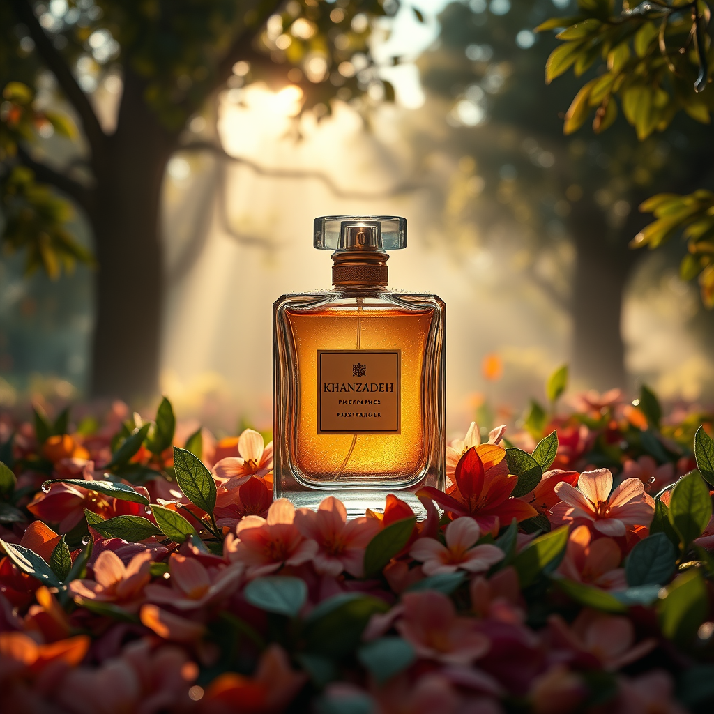 Main art studio: "Luxury perfume poster for 'Khanzadeh' brand, ultra-natural and organic vibe, fresh flowers and green leaves scattered around an elegant crystal perfu