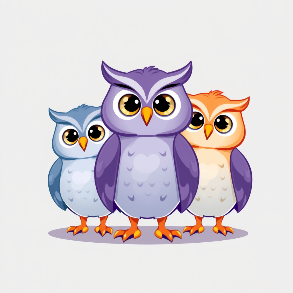 Main art studio: Create a charming 2D mascot logo with exactly three cute, cheerful owls, positioned far apart with generous space between them. Colors: blue-gray, pur