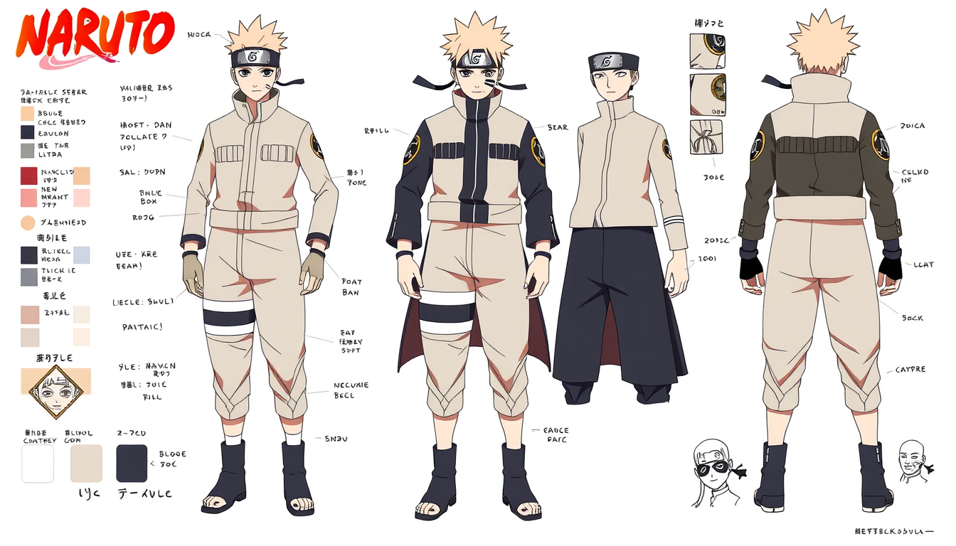 Character Sheet idea: a visual character reference sheet with a dominant full-body view, controlled details, palette swatches, and supporting expressions or accessories, de