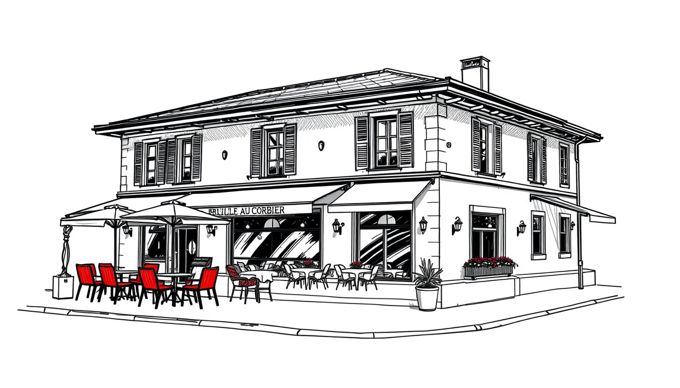 Main art studio: Transformer une photographie du restaurant, la bouille au Corbier en dessin au trait noir, fidèle à l’architecture originale. Conserver exactement la 