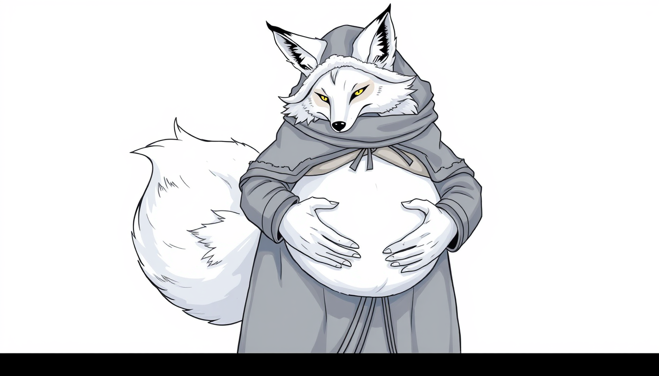 Main art studio: very gravid, heavily pregnant snowy fox mage with her hands on her belly, wearing an ice mage's attire excluding a hat, clean lineart, diagonal-front 