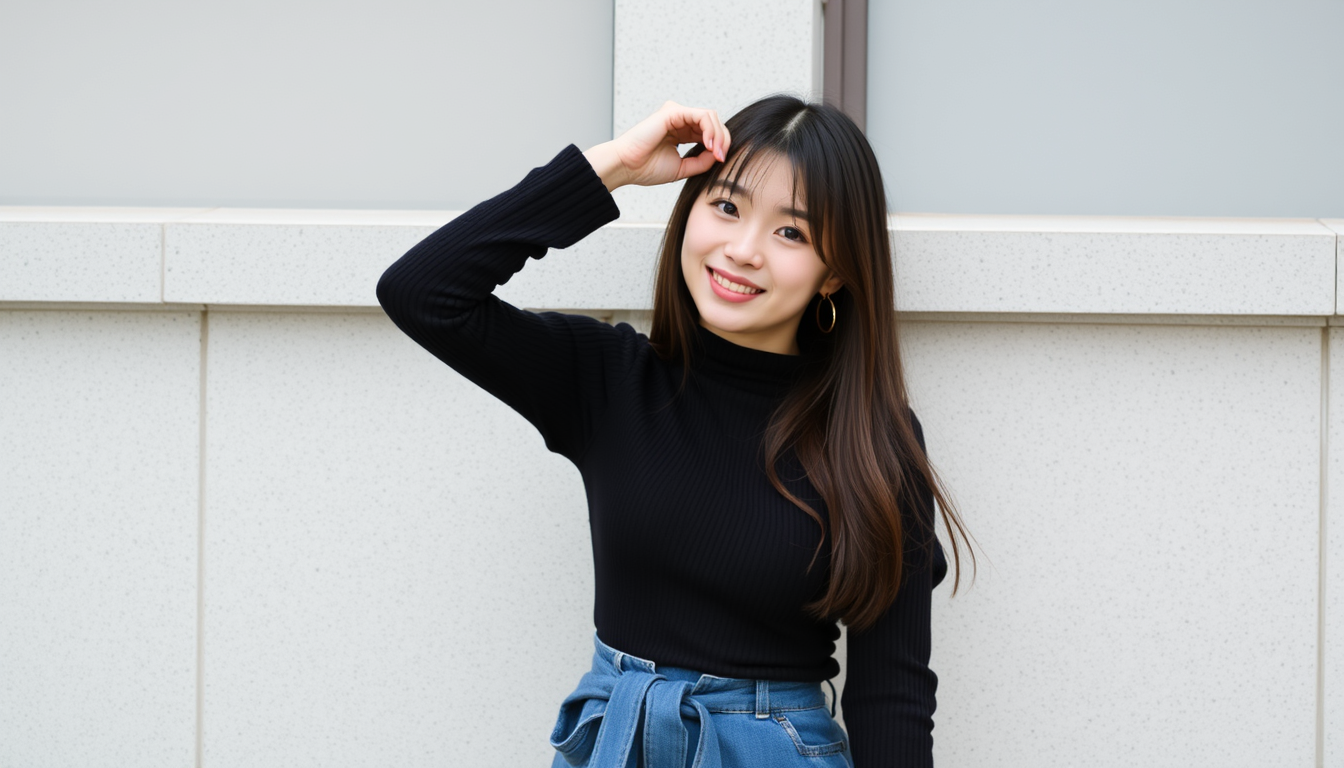 Main art studio: 成人女性アイドル、黒髪のショートカット、すっきりしたボーイッシュなヘアスタイル。小柄で華奢、整ったすっきりした顔立ち、自然な可愛らしさ、親しみやすい雰囲気。大きすぎない自然な瞳、シャープすぎず丸すぎない輪郭。 黒を基調としたミニマルでストイックなアイドル衣装。マットブラックのトップス、黒いスカート、