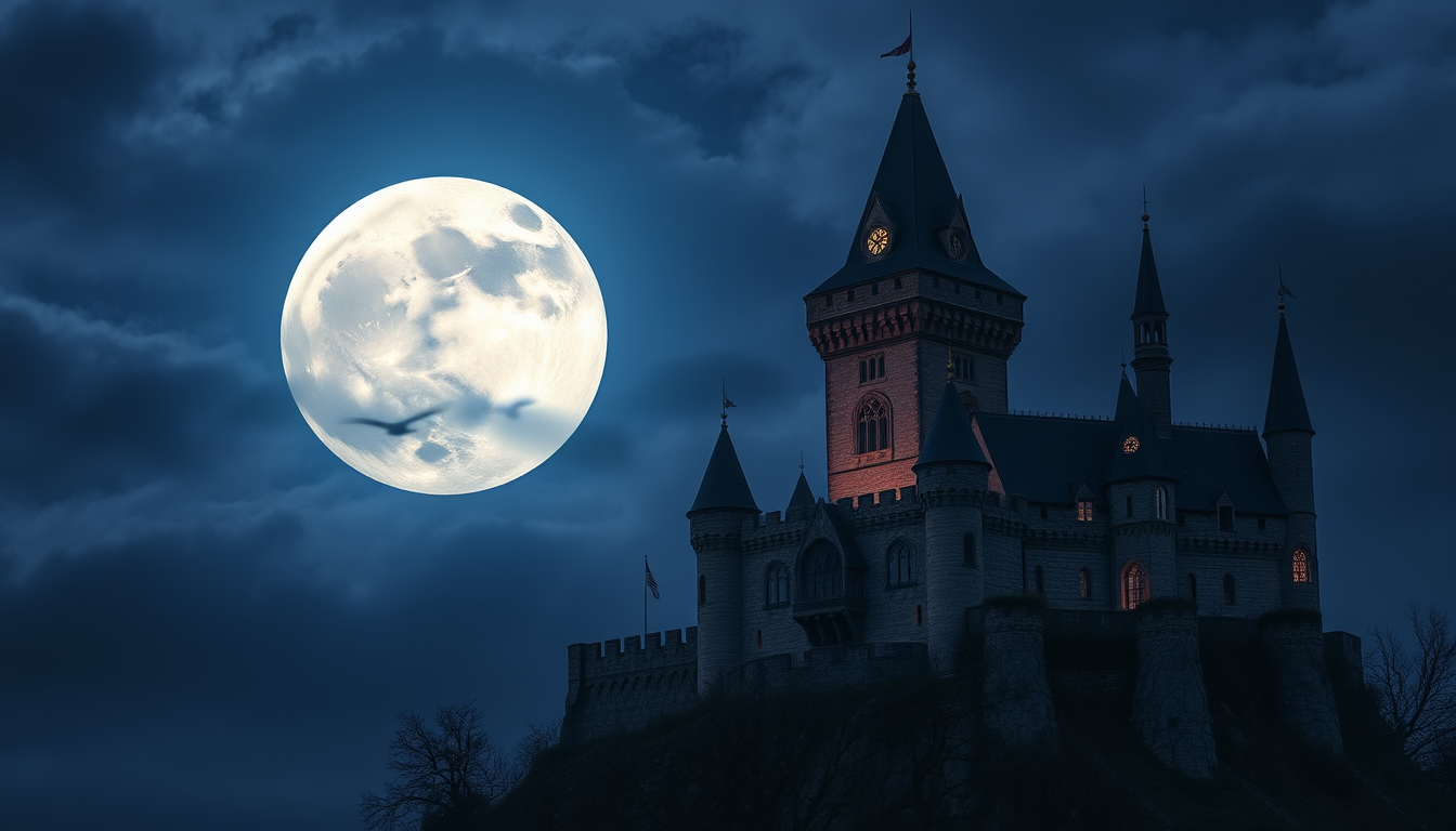Main art studio: Crea una imagen donde esté el castillo de época medieval y sea de noche pero con un color morado tenía y murciélagos en el fondo del cielo unos cuanto