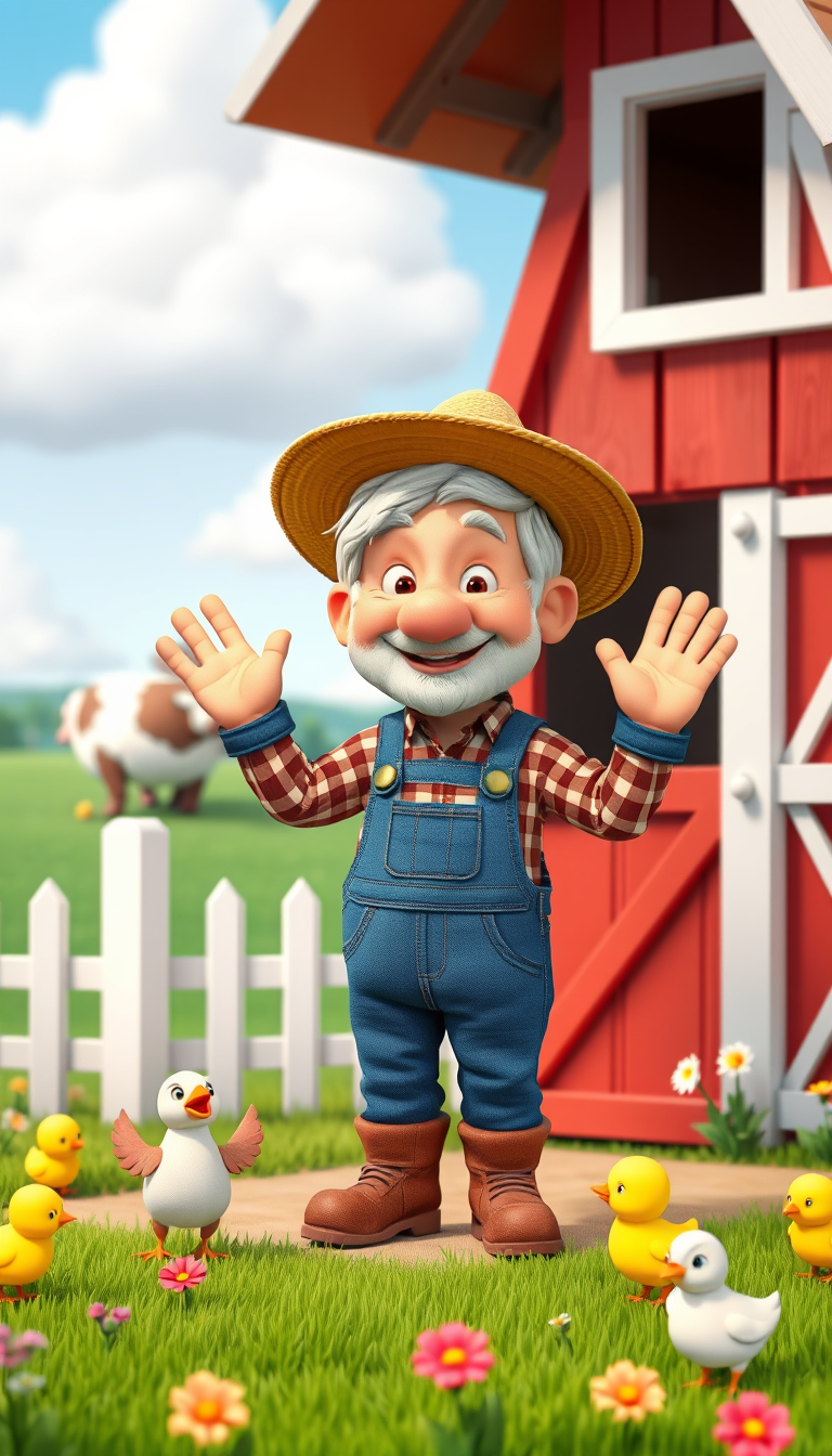 Main art studio: Cute friendly elderly farmer named Old MacDonald wearing blue overalls, a red plaid shirt, brown boots and a straw hat, standing outside a charming re