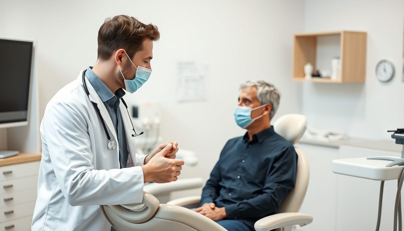 Main art studio: Retaliating image of male dental doctor talking to patient on dental chair