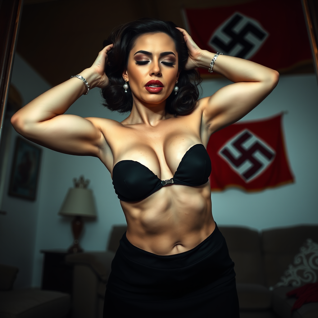 Main art studio: low angle shot of an astonishingly beautiful athletic, curvy woman around 50. She has delicate characteristics, heavy makeup, she is wearing a black b