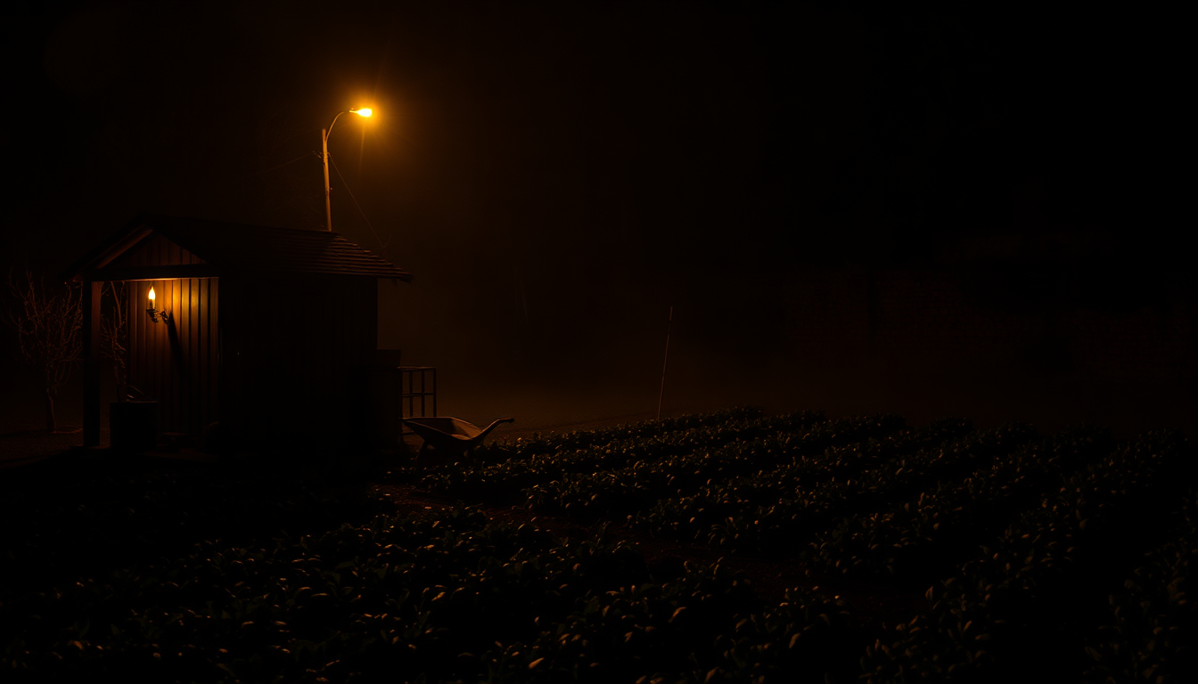 AI Art prompt example created from the prompt: Cinematic photorealistic still, 16:9 wide shot, dark moody atmosphere, single warm light source (candles or oil lamp), deep shadows, desatur