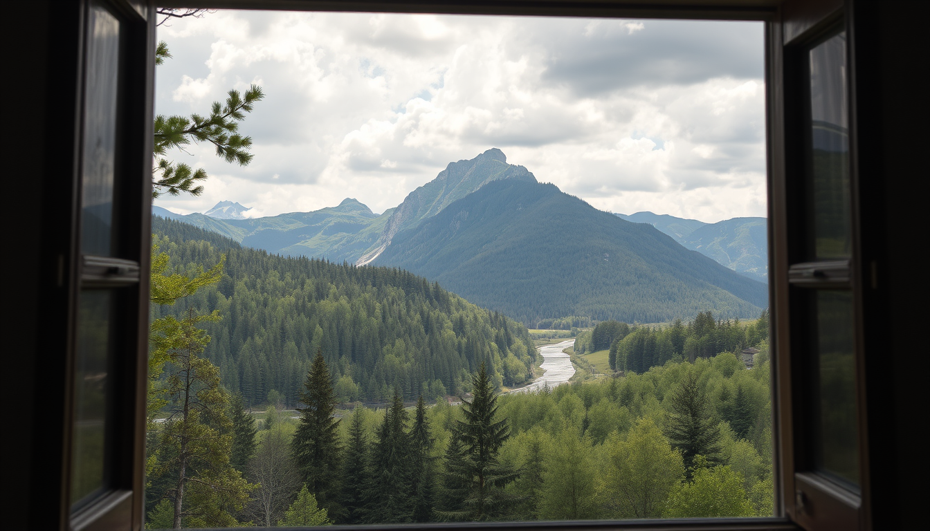 Main art studio: erstelle mir ein bild von einem fenster wen man aus dem fenster schaut sieht man schöne berge in einem warmen grünen wald und an einem berg ist ein kl