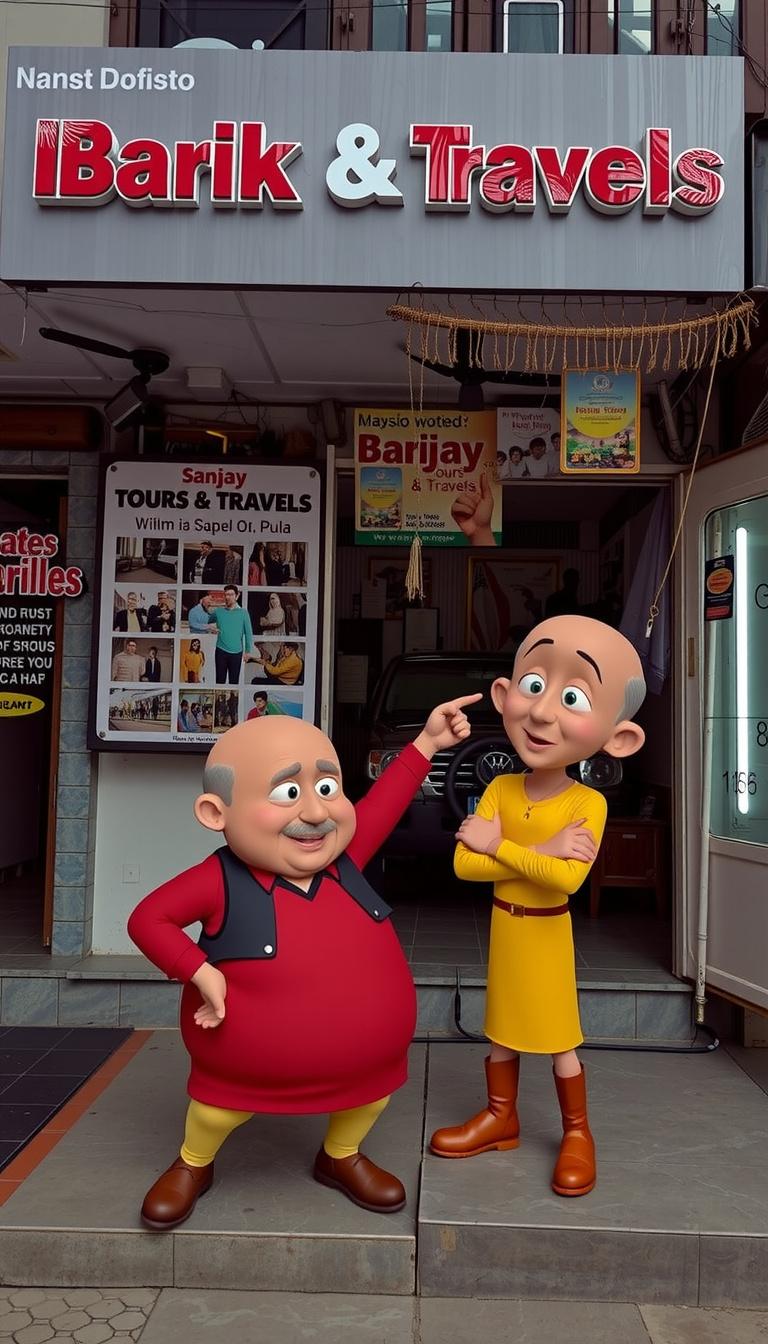 Main art studio: Scene 1: Motu: "Namaste dosto! Hum aa gaye hain Sanjay Tours & Travels ke office ke bahar!" Patlu: "Fast, easy aur tension-free bus ticket booking ke 