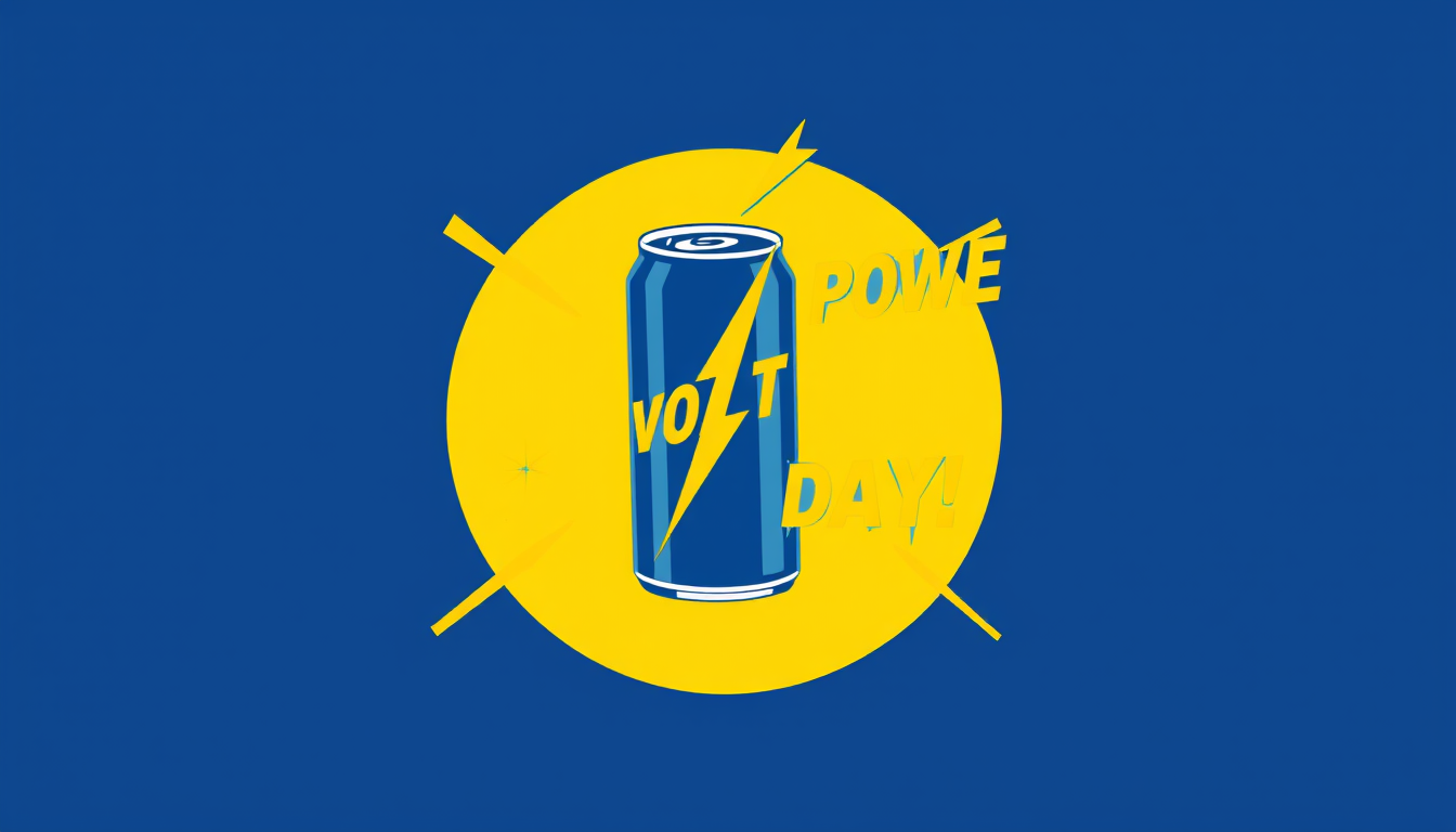 Main art studio: Create a simple **PowerPoint-style energy drink ad** for **VOLTUP**. Use blue and yellow, a drink can, lightning shapes, and the text **“POWER YOUR DA